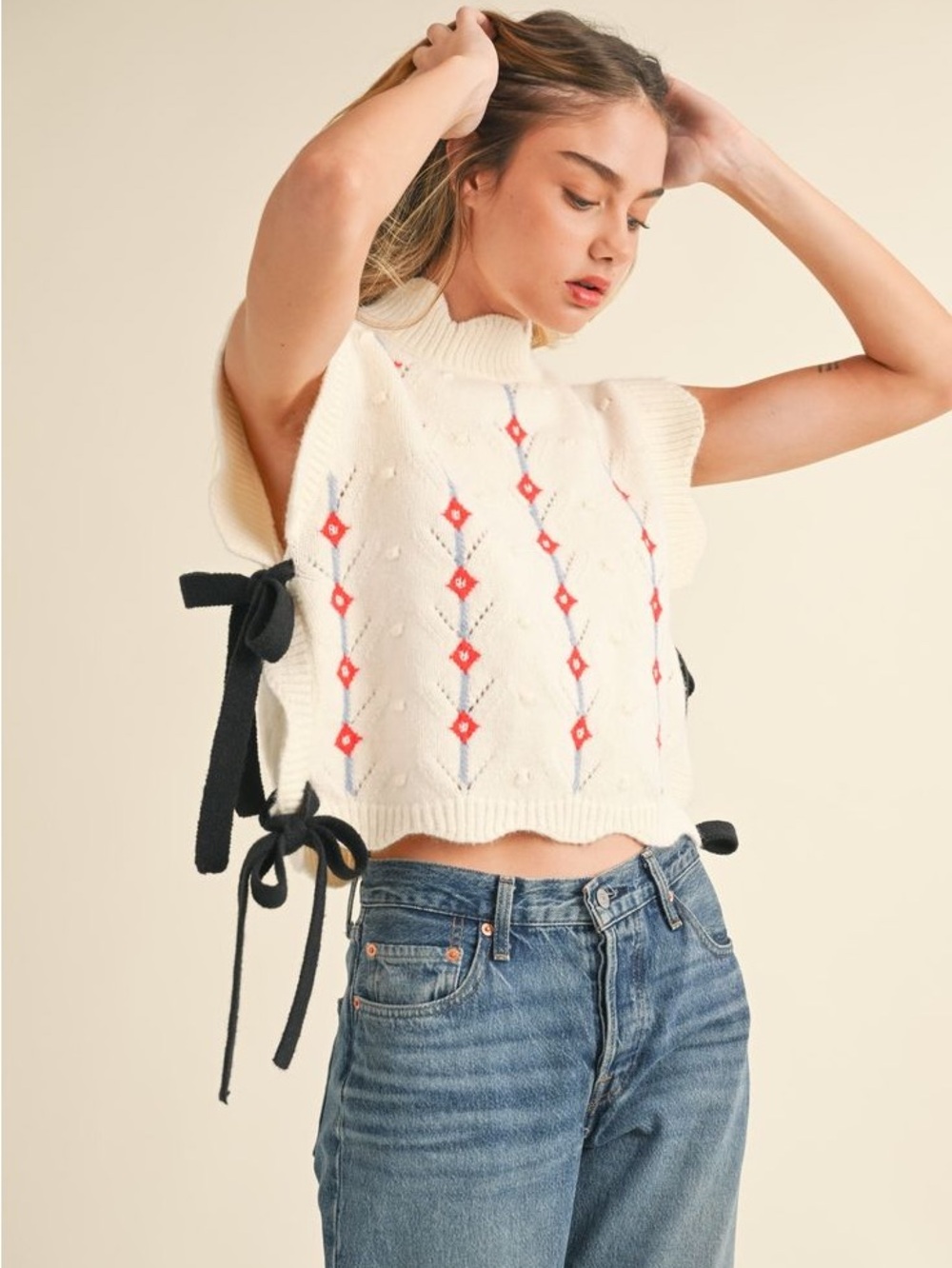 Mable Cream Sleeveless Knit Sweater Vest with Red & Blue Embroidery - Picture 5 of 5